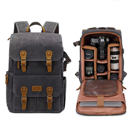 High-End Men'S SLR Camera Backpack USB Large Camera Bag Waterproof Waxed Canvas Backpack Professional Camera Drone Backpack Outd